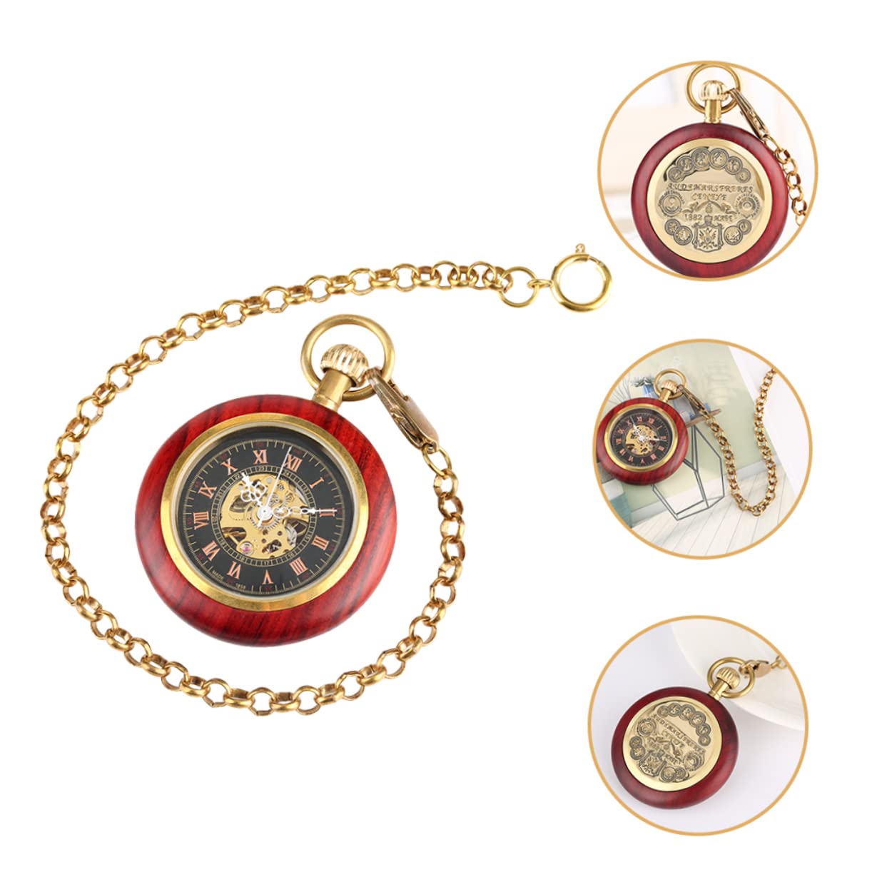 GALPADA Reloj de Bolsillo Mecánico Vintage Cadena, Diseño con Números Romanos de Madera y Aleación, Fácil de Transportar y Almacenar, Obsequio Práctico para Eventos Formales