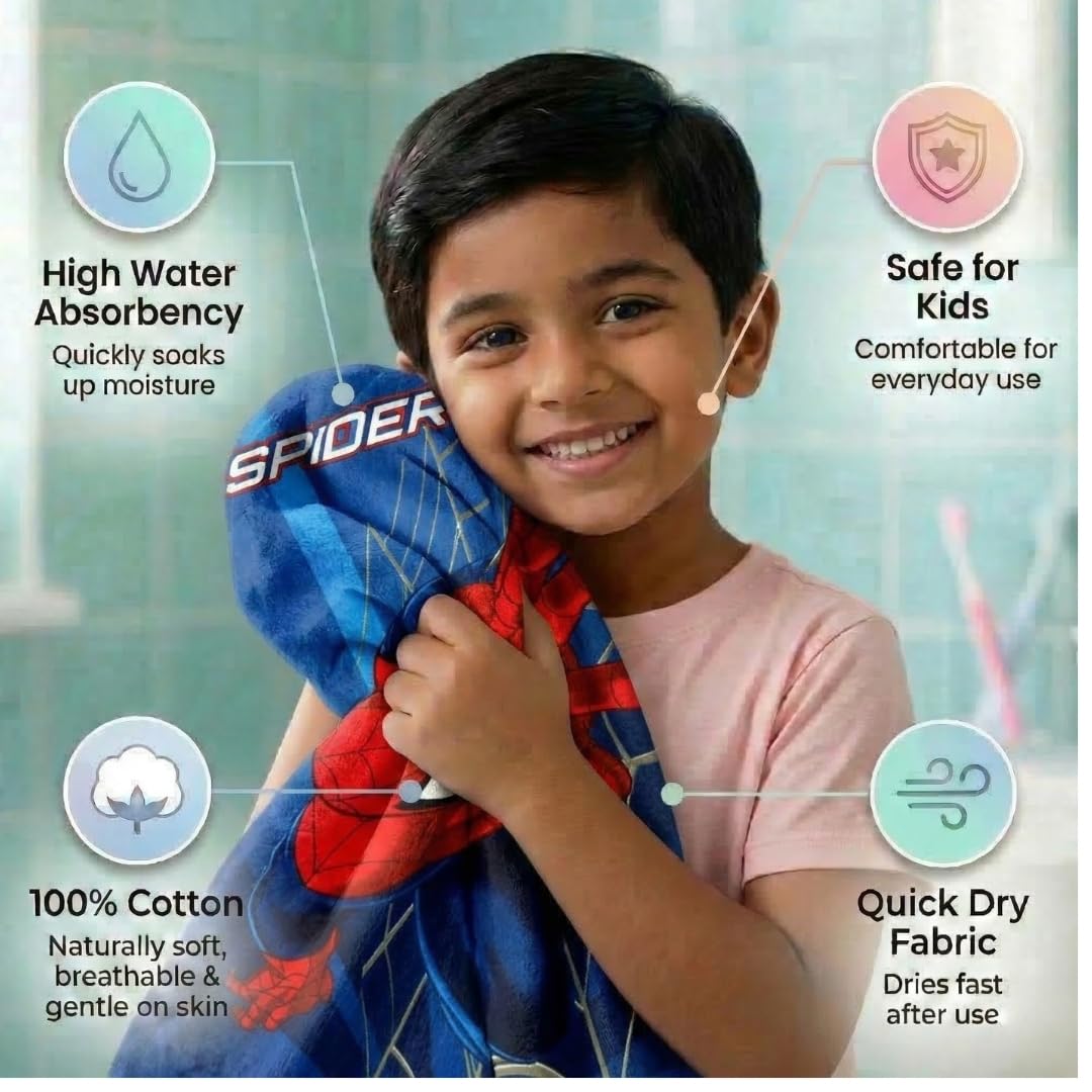Athom Living Marvel Spider-Man Cotton Bath Towel for Kids & Adults – 350 GSM, Soft & Absorbent, Quick-Drying, Durable, Blue Superhero Design, Gentle on Skin, Machine Washable 3