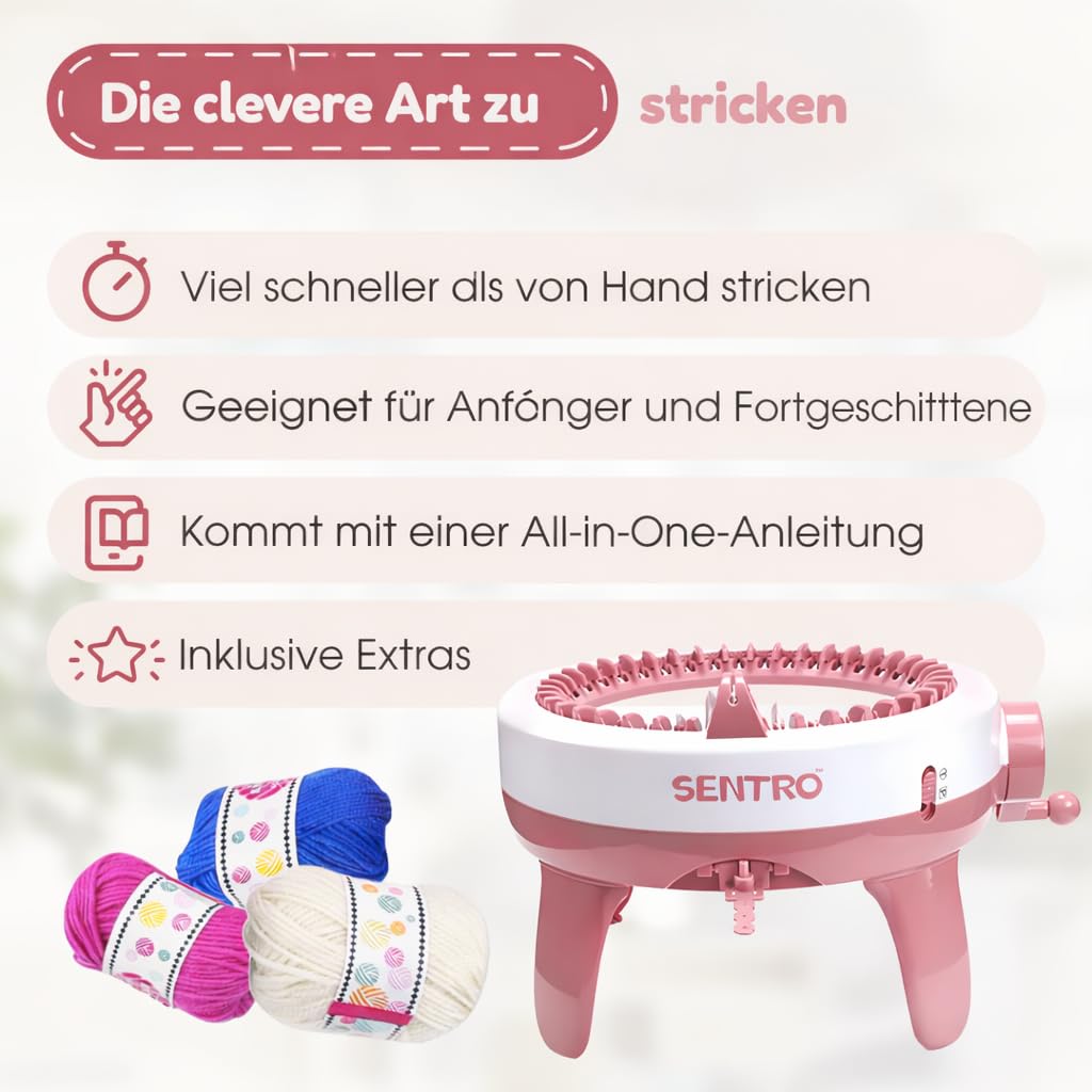 Tiny Thinkers Sentro Strickmaschine XL mit Drehadapter, Rundstrickmaschine mit 48 Nadeln, 20x schneller als Handstricken, Komplettes Strickset mit Zubehör & E-Book, Für Anfänger & Fortgeschrittene