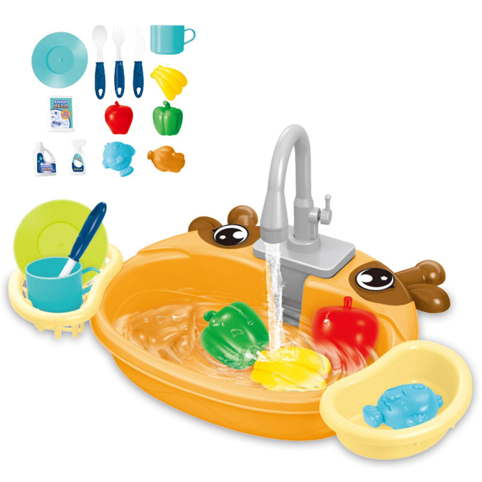 Play Sink with Running Water, Kitchen Sink Toys with Upgraded Electric Faucet, Play Kitchen Toy Accessories, Pool Floating Food Toys for Water Play, Kids Role Play Dishwasher Toy (Orange)
