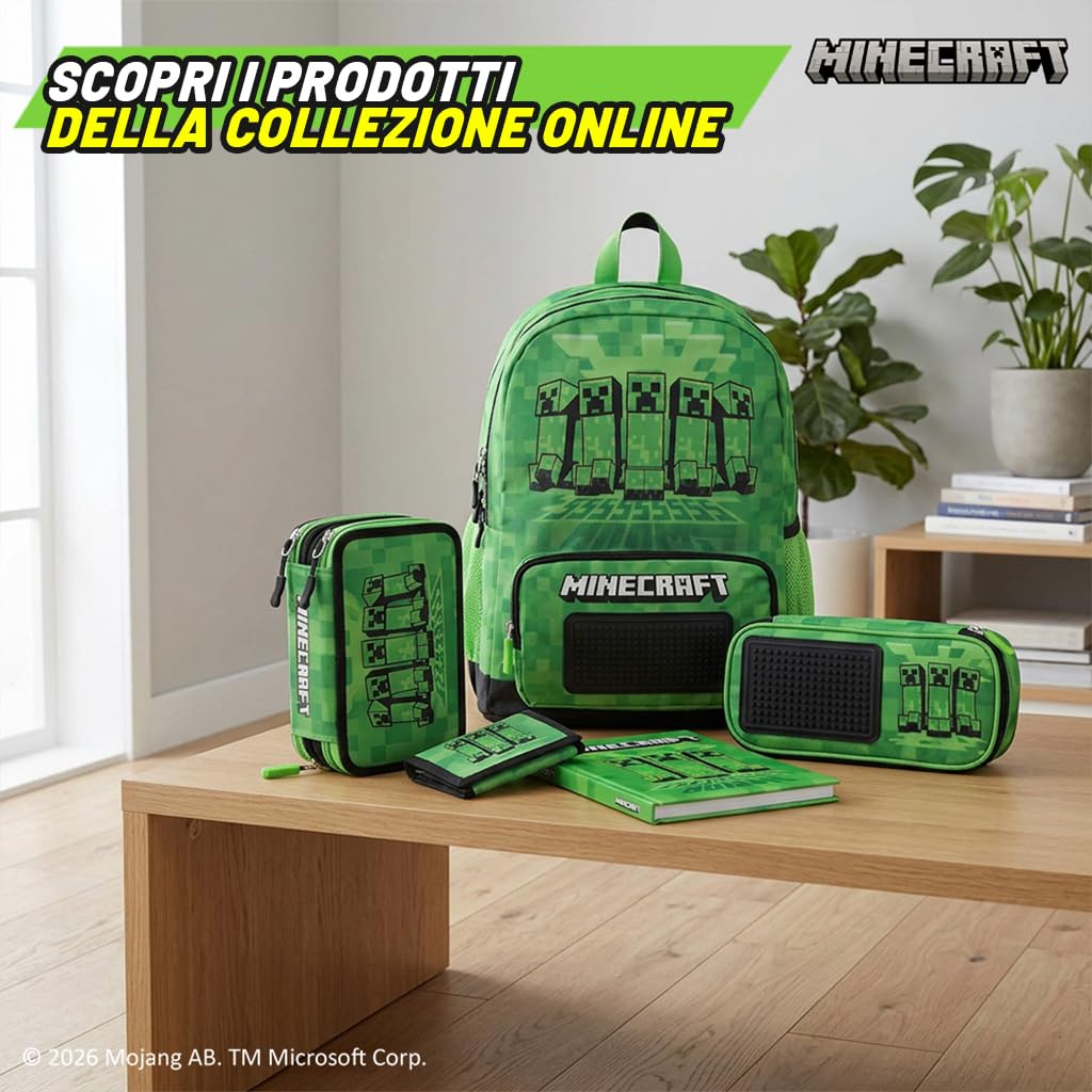 MINECRAFT Online Exclusive - Zaino Scuola Minecraft, con 2 Ampi Spazi Centrali, Tasca Frontale, Tasche Laterali in Rete, Spallacci Regolabili Imbottiti, Retro e Fondo Termoformati, 32x43Hx23cm