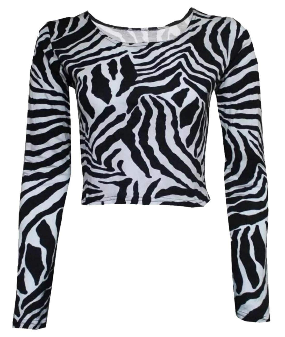 GOSTYLES® Womens Plain & Printed Long Sleeve Crop Top Shirts, Ladies Round Neck Cropped Short T-Shirt (Zebra Print, M-L)