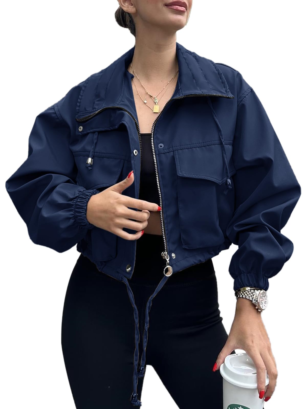 Tankaneo Damen Crop Zip Up Jacke Oversized Langarm Anorak Coat mit Taschen Reißverschluss Kurz Bomberjacke