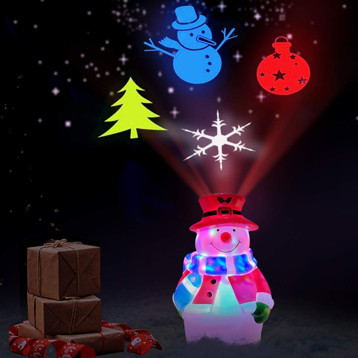 Christmas Decoration LED Night Light , Snowman Projector Lights with 360 Auto Rotating Snowman, Christmas Tree and Snowflake Christmas Indoor Room Decor Xmas Gift for Boy Girl Kids