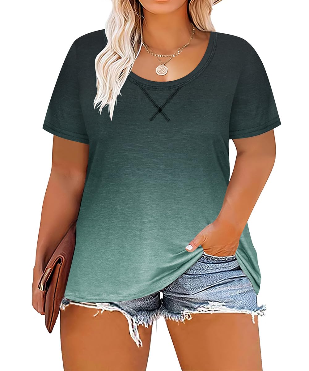 CARCOS Plus Size Tops for Women Short Sleeve Shirt Summer Star/Leopard/Tie Dye/Flower Crewneck Pullover Tunic XL-5XL
