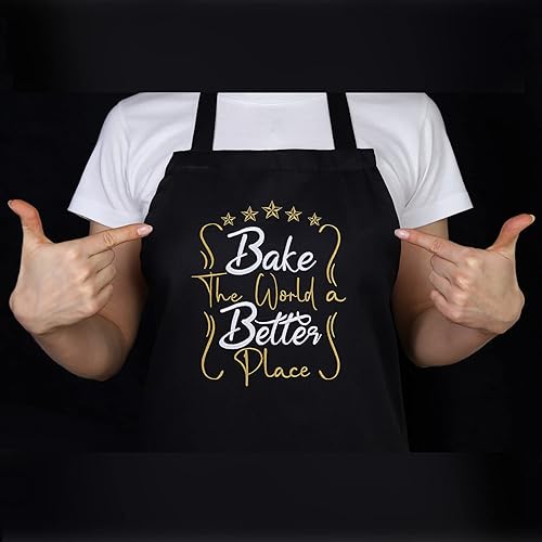 Miniatura 4 de Divertido delantal con eslogan para los amantes de la repostería "BAKE THE WORLD A BETTER PLACE" Delantales ajustables con bolsillo para mujeres y