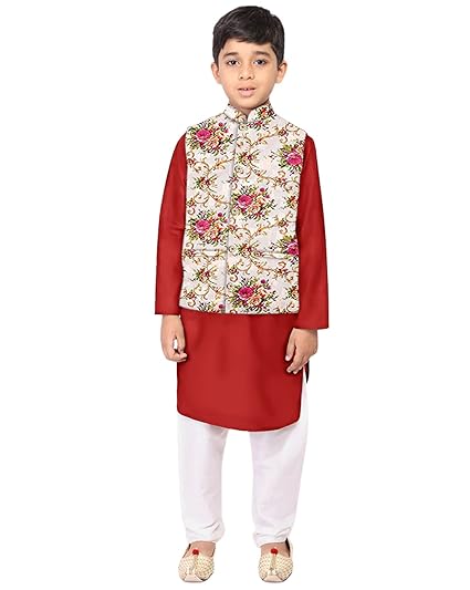 Os Boys 100% cotton 3 pcs combo set kurta pyjama + printed nerhu jackets