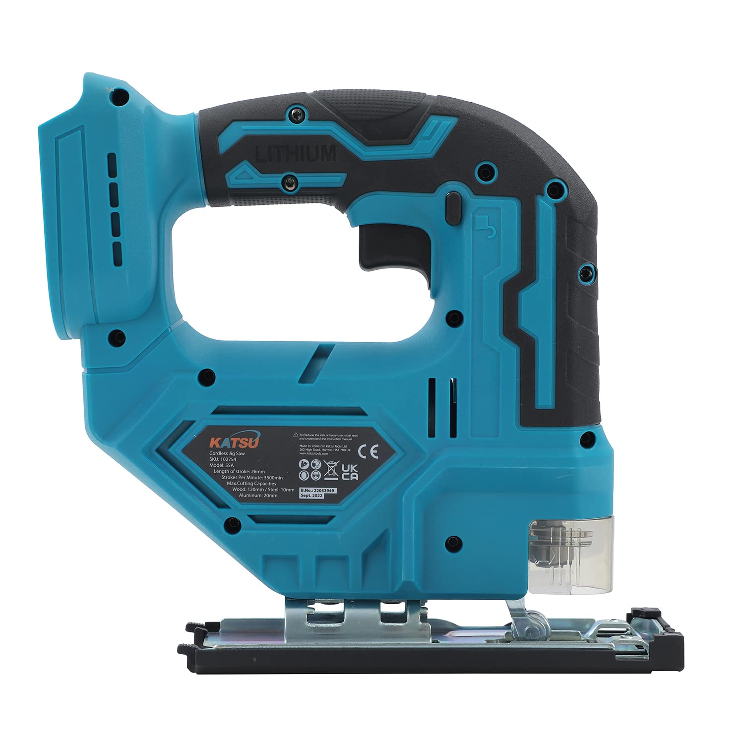 KATSU FIT-BAT 21V Scie Sauteuse sans Fil Brushless, 26mm Longueur de Course, 0-3500SPM, Coupe en Biseau ± 45°, Vitesse Variable, 4 Lames, sans Batterie 102754