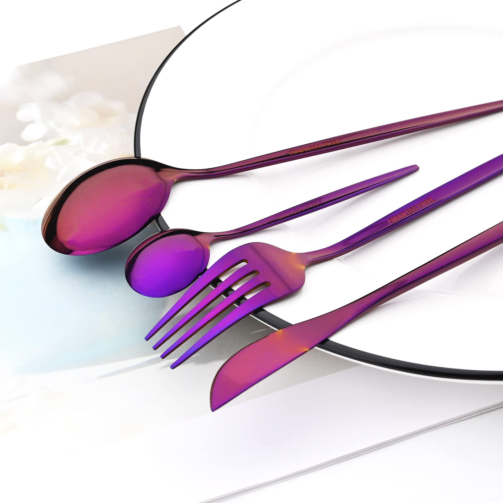 Juego de cubiertos de 36 piezas de color morado con espejo pulido, cubiertos de acero inoxidable 18/0 para cocina en casa, fiesta, hotel, restaurante, servicio de boda para 6
