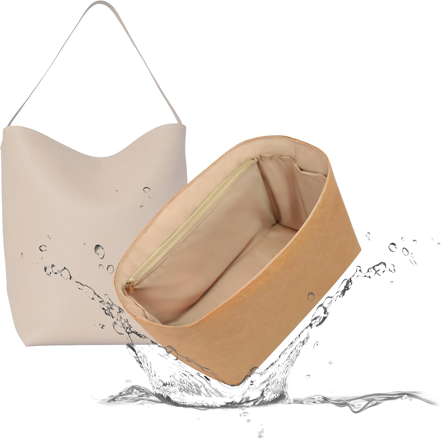 Lightweight Purse Insert Fit for The Row N/S Parker Tote, Waterproof Surface and Silky Satin Interior(Medium, Chai, Side Zipper Design)