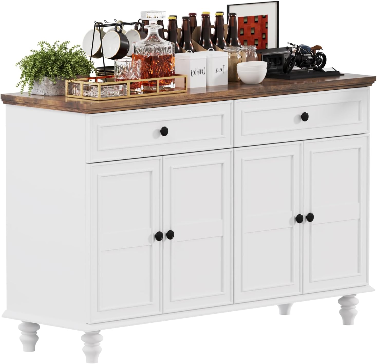 Farmhouse Buffet Cabinet with Storage, 47.6" Buffet Sideboard with 2 Drawers and 4 Doors, Wooden Kitchen Storage with Adjustable Shelves, Rustic Top Console Table for Dining Room, Kitchen or Entryway 2-Drawer White