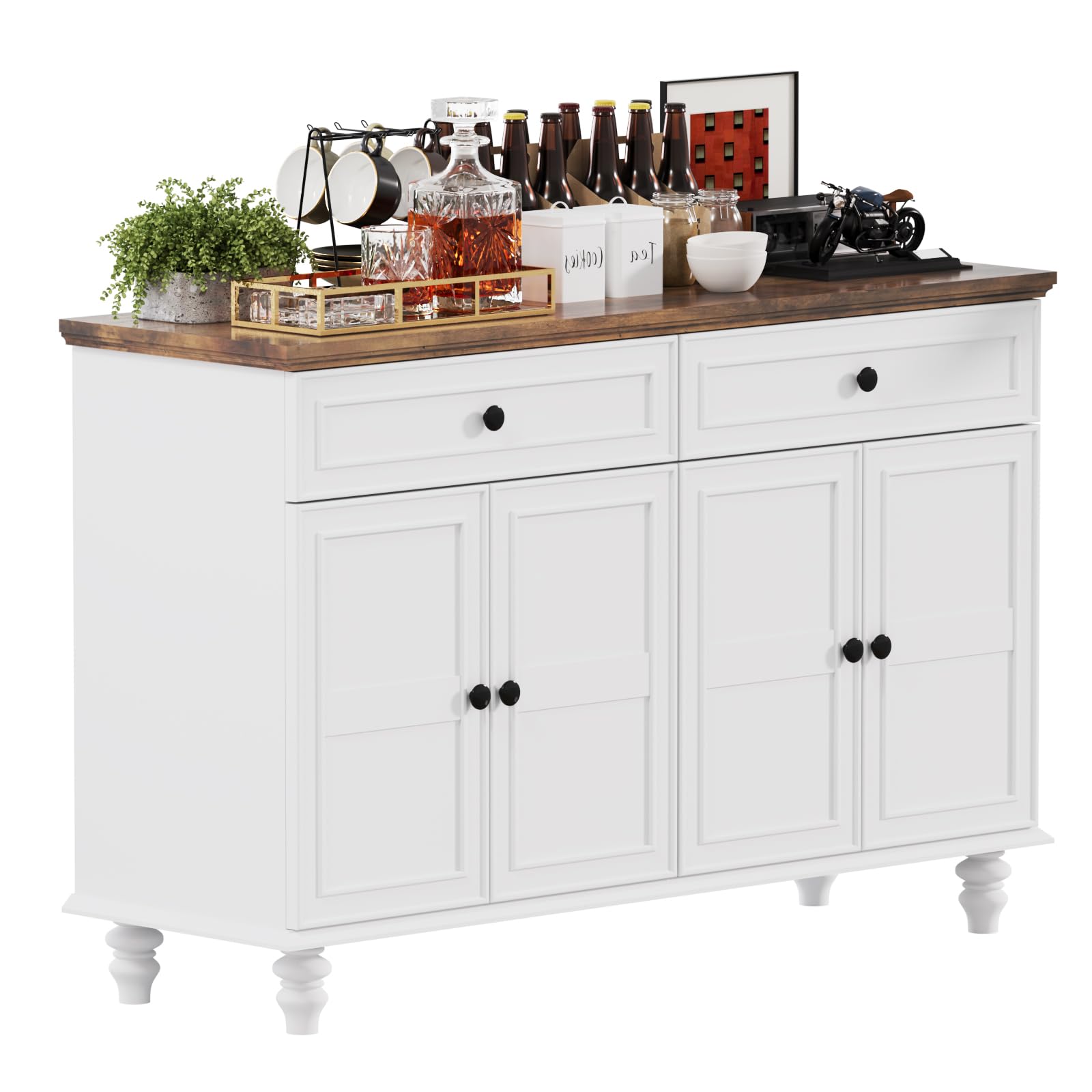 Farmhouse Buffet Cabinet with Storage, 47.6" Buffet Sideboard with 2 Drawers and 4 Doors, Wooden Kitchen Storage with Adjustable Shelves, Rustic Top