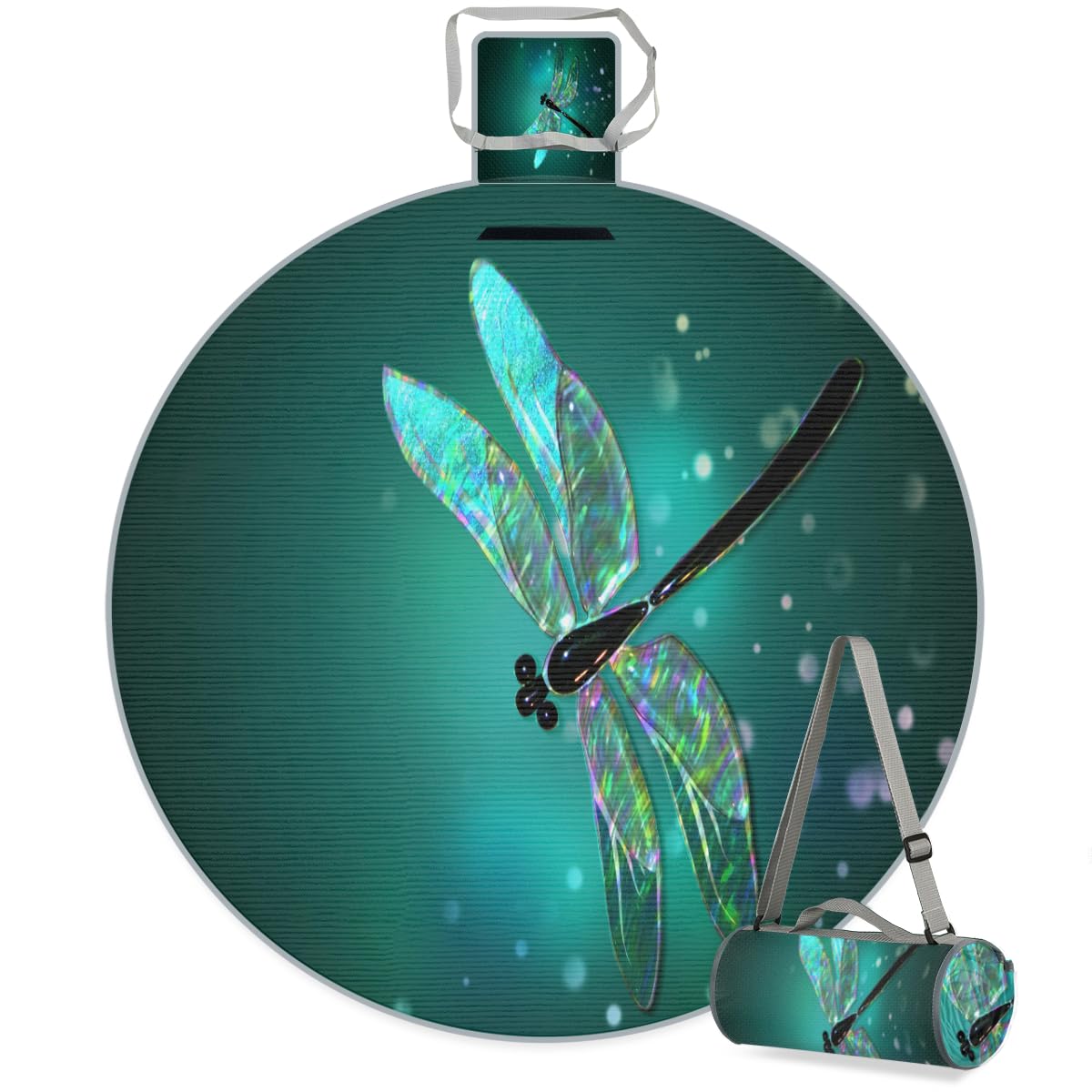 Shimoshe Glass Dragonfly Picnic Outdoor Blanket Foldable Waterproof Sandproof Beach Blanket Portable Water-Resistant Round Picnic Mat for Travel Camping Park Lawn