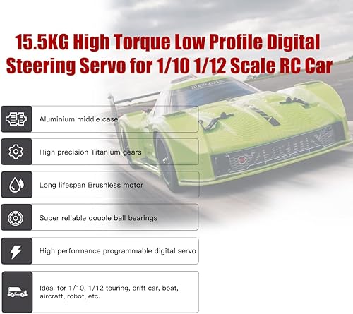 Miniatura 4 de AGFRC Servo de dirección de alto par de torsión de bajo perfil de 34.2 lbs - Servo RC sin escobillas de engranaje de metal digital para aviones de