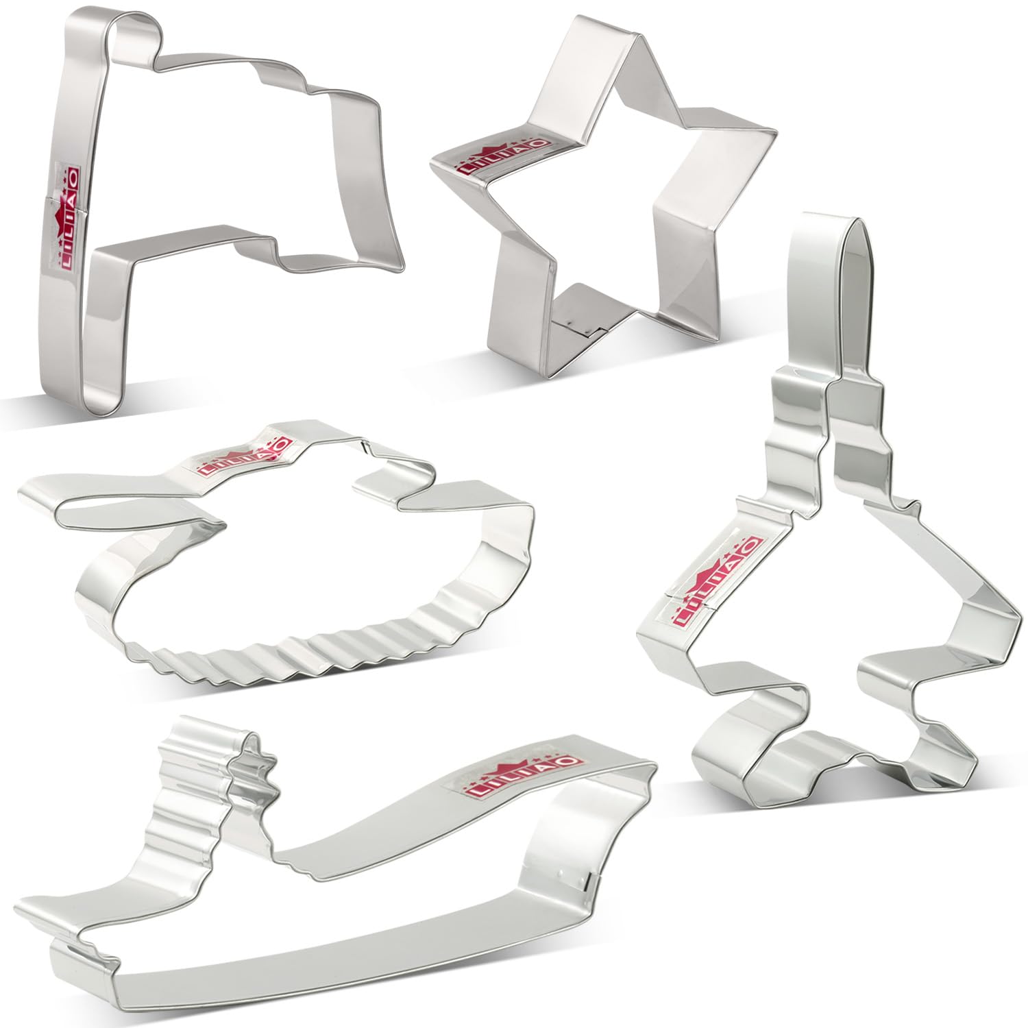 LILIAO Fourth of July Cookie Cutter Set, 5-pc, Fighter Plane, Tank, Carrier Vessels, Flag and Star, Stainless Steel
