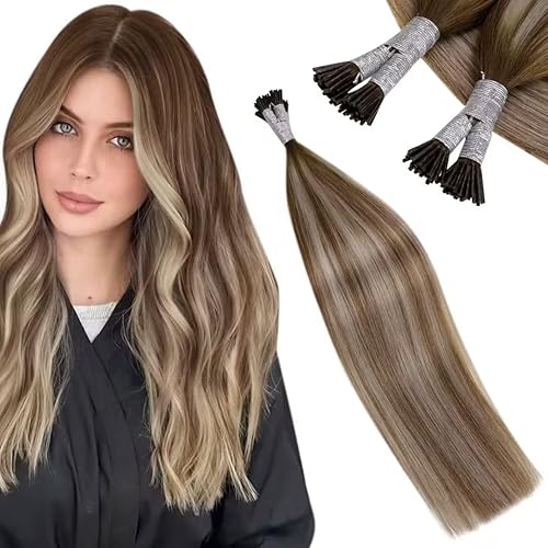 LaaVoo 22 Inch Tip Extensions Brown Balayage Ombre Real Human Hair Medium Brown to Platinum Blonde Hair Extensions Pre Bonded Remy I Tip Extensions Real Human Hair Silky Long Straight 50g/50s
