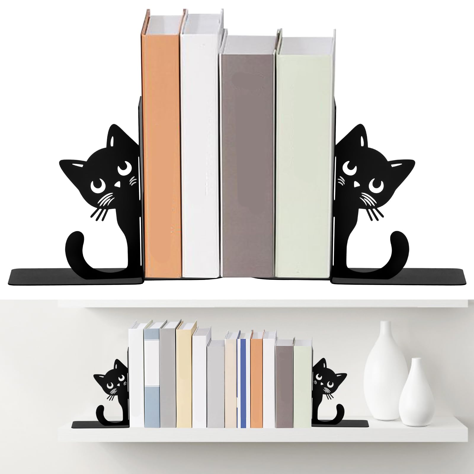 Cbwerbb Black-Style 1 2Pcs Peeping Cat Metal Bookend,Cute Cat Book Ends For Shelves,Bookend Bookshelf Decoration Heavy Duty Divider Stopper Holder For Bookshelf Office Desk Home Study Room Present(Black-Style 1)