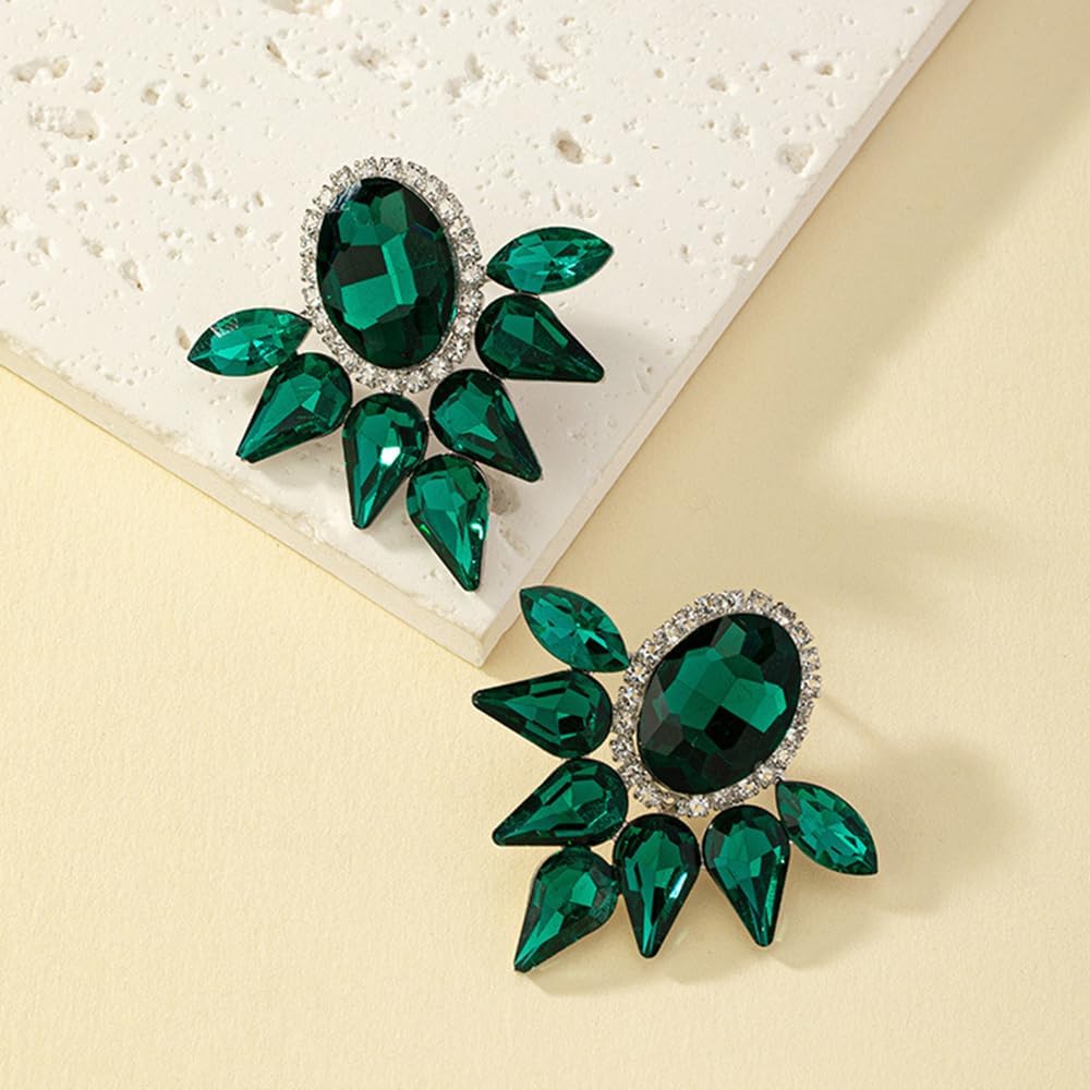 Octwine Boho Women Green Rhinestones Earrings Sparkly Green Christmas Earrings Bridal Wedding Rhinestone Earrings Teardrop Dangle Earrings for Women - Image 5
