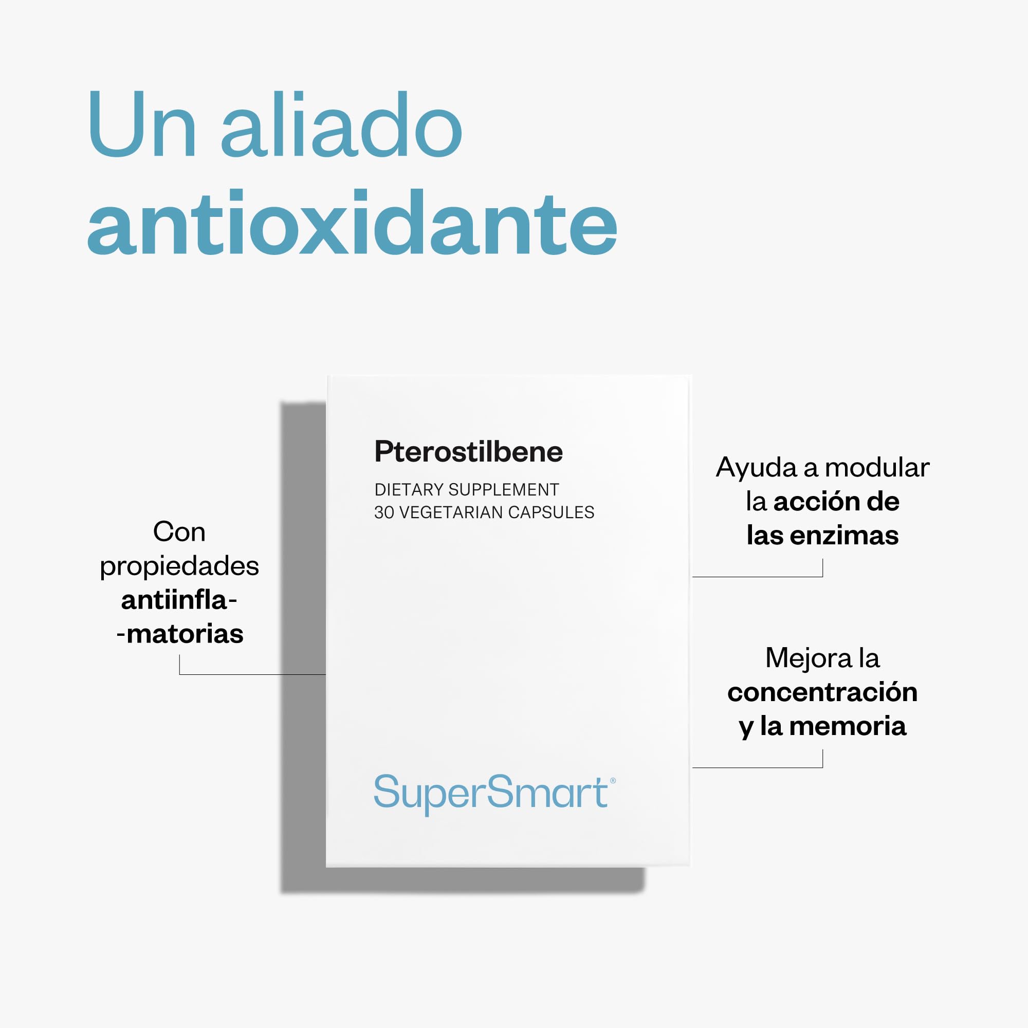 Pterostilbeno - Más Potente que el Resveratrol - Antioxidante - SuperSmart | Antienvejecimiento - Antiinflamatorio - Refuerzo Metabólico - Sin OGM y Sin gluten - 30 Cápsulas Vegetarianas