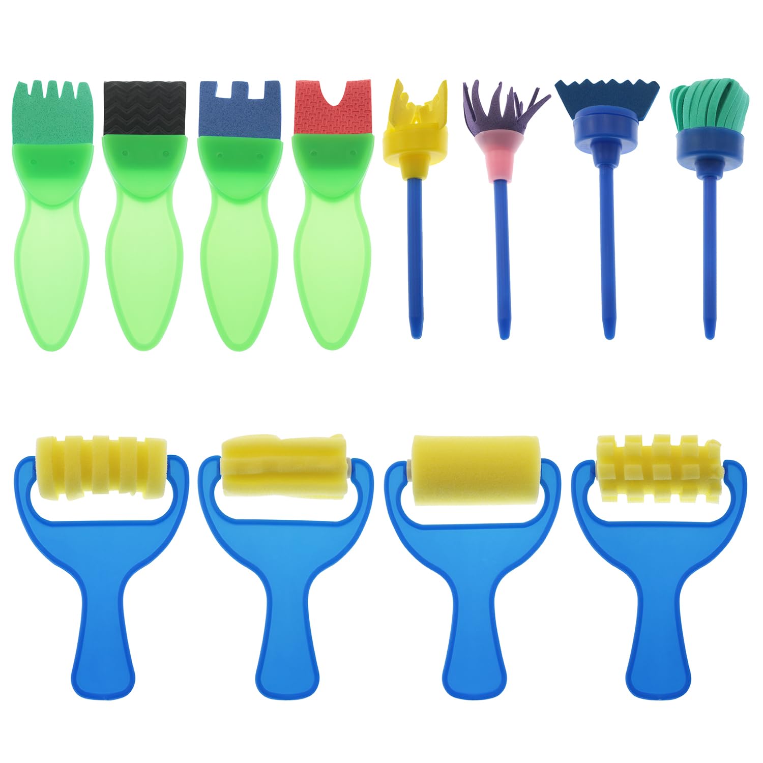 Yyangz 12PCS Sponge Painting Tools - Kids Painting Roller Set - DIY Early Learning Doodle Art Supplies - Plastic Handle - Washable - Green, Yellow, Blue