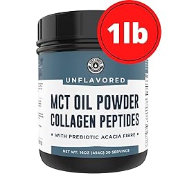 MCT Oil Powder with Acacia Fiber & Collagen Peptides - Prebiotic Collagen Protein, 10g MCTs from Coconuts, Sugar Free Keto Coffee Creamer - Grass Fed, Unflavored, Non-GMO, Gluten Free, 16 oz