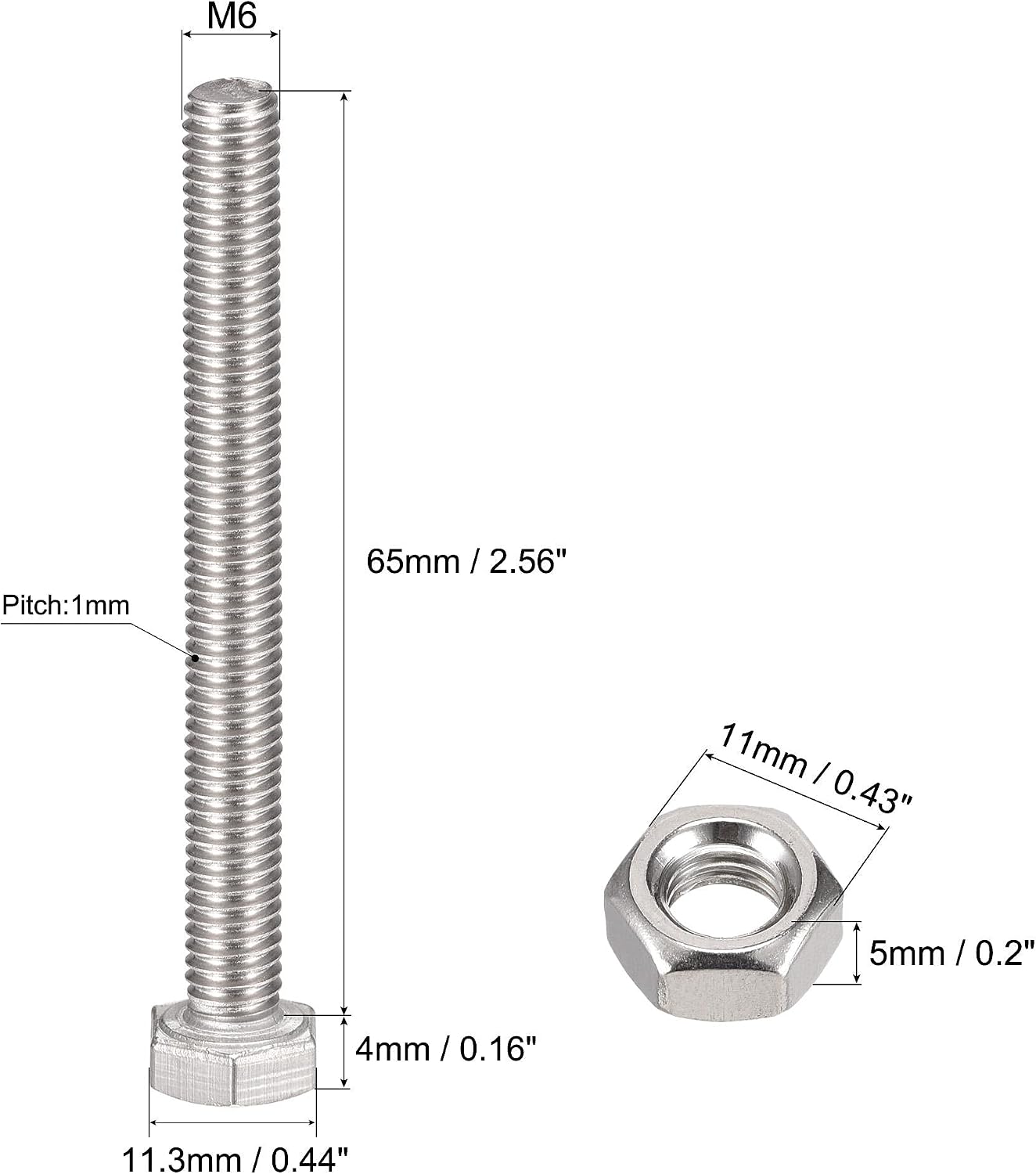 sourcing map M6 x 65mm Hex Head Screws Bolts, Nuts, Flat & Lock Washers Kits, 304 Stainless Steel Fully Thread Hexagon Bolts 6 Sets - Image 3
