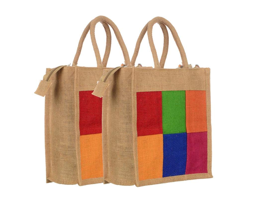 Sainik Jute Shopping Grocery Bag Multipurpose Grocery Bag Lunch Bag with Zip (Pack of 2)