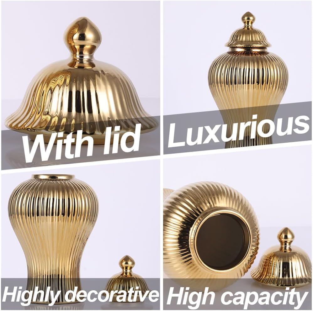 16.5" Gold Ceramic Ginger Jar Vase with Lid - Modern Luxury Ceramic Decoration Gold Ginger Jars for Home Decor, Living Room, Kitchen, Dining Table, Cabinet, Bookshelf Decor, Storage Jar