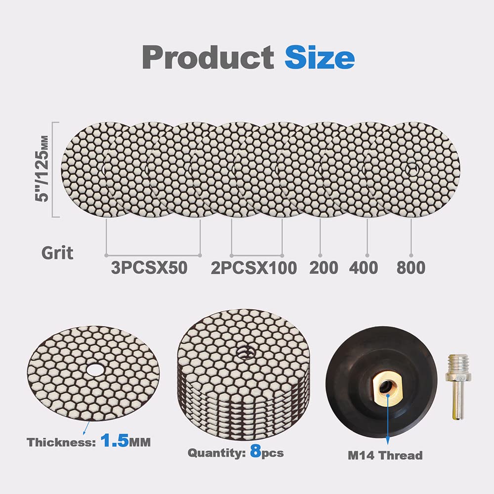 HIGHDRIL Trocken Diamant Polierscheibe - 8 Stk.(#50x3/100x2/200/400/800) Diamant Polier Auflagen mit Gummiunterlage+ M14 Adapter für Granit Stein Marmor Bodenschleifer oder Polierer Dia 5 Zoll/125MM