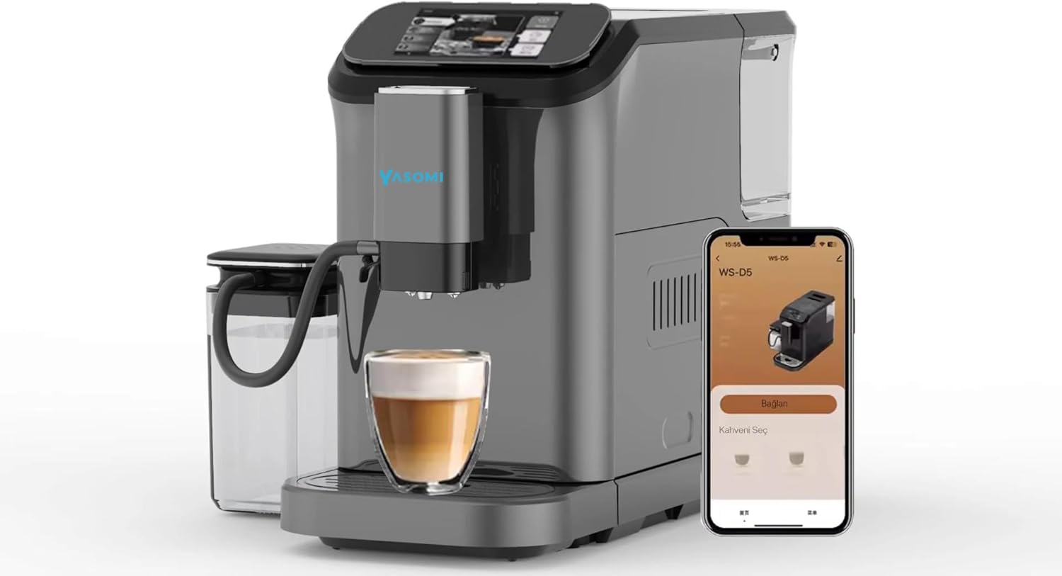 Yasomi Brewsta WS-D5 Çelik Kahve Öğütücülü, Süt Köpürtücülü, Dokunmatik Ekranlı Full Otomatik Espresso Makinesi (Gri)