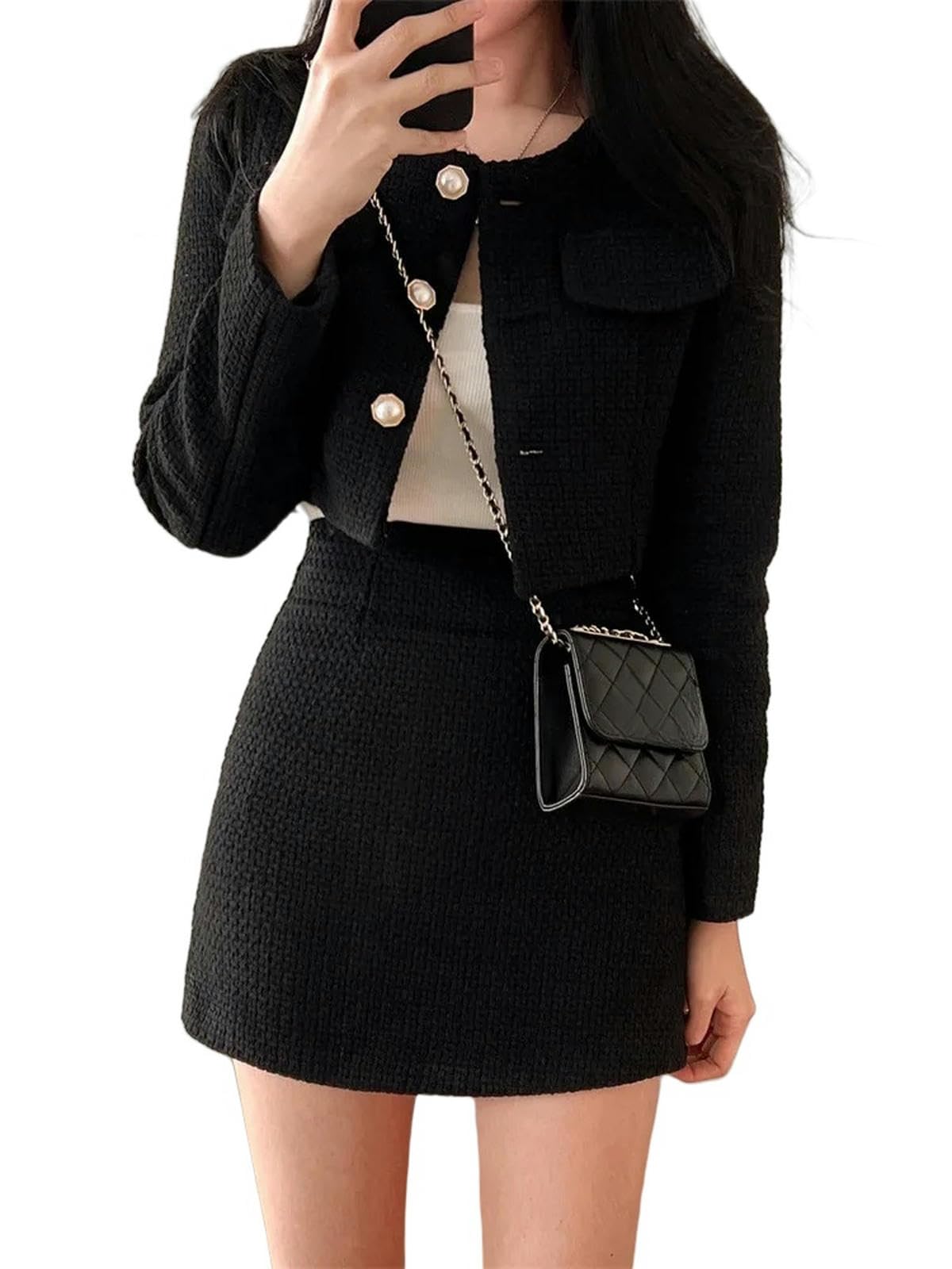 Tailleur Jupe Deux pièces Femme Tweed Costume en Deux Pièces pour Femmes Automne Et Hiver Veste Courte À Manches Longues + Costume Jupe Ligne A