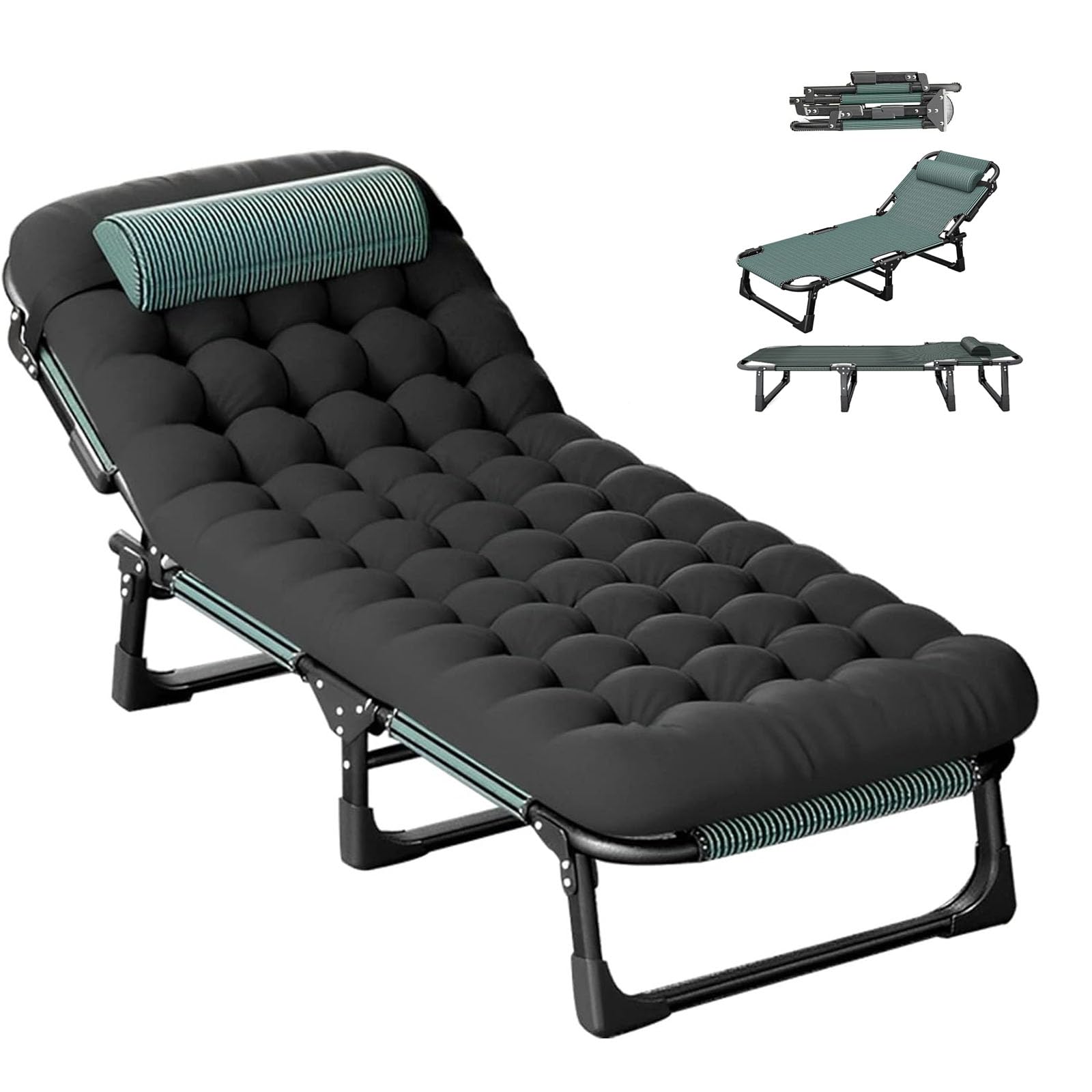 Lounger à soleil rembourré pliable noir avec dossier réglable et poches
