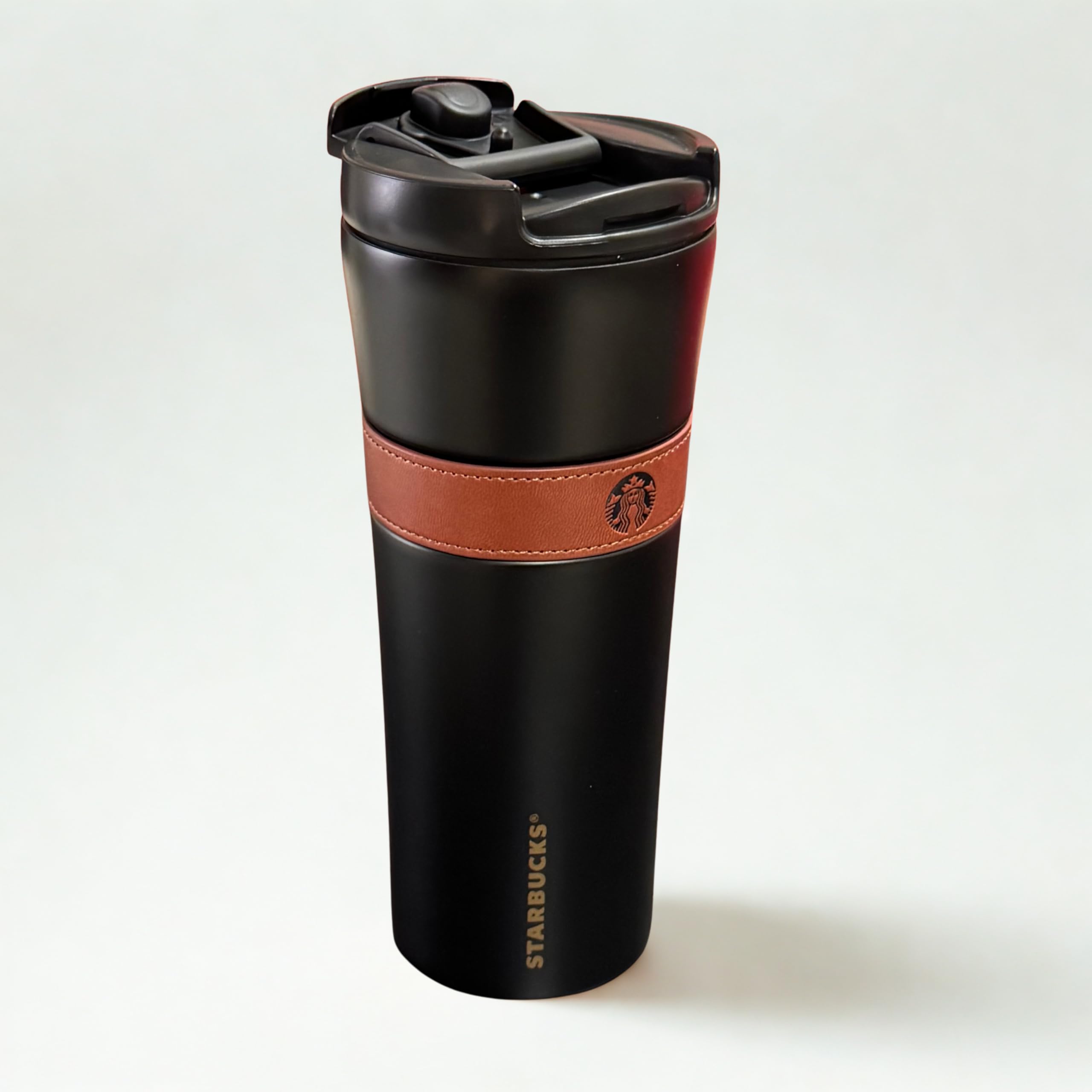 Starbucks Tumbler 16 Oz Stainless Steel Matte Black Brown Leatherband (Gold)