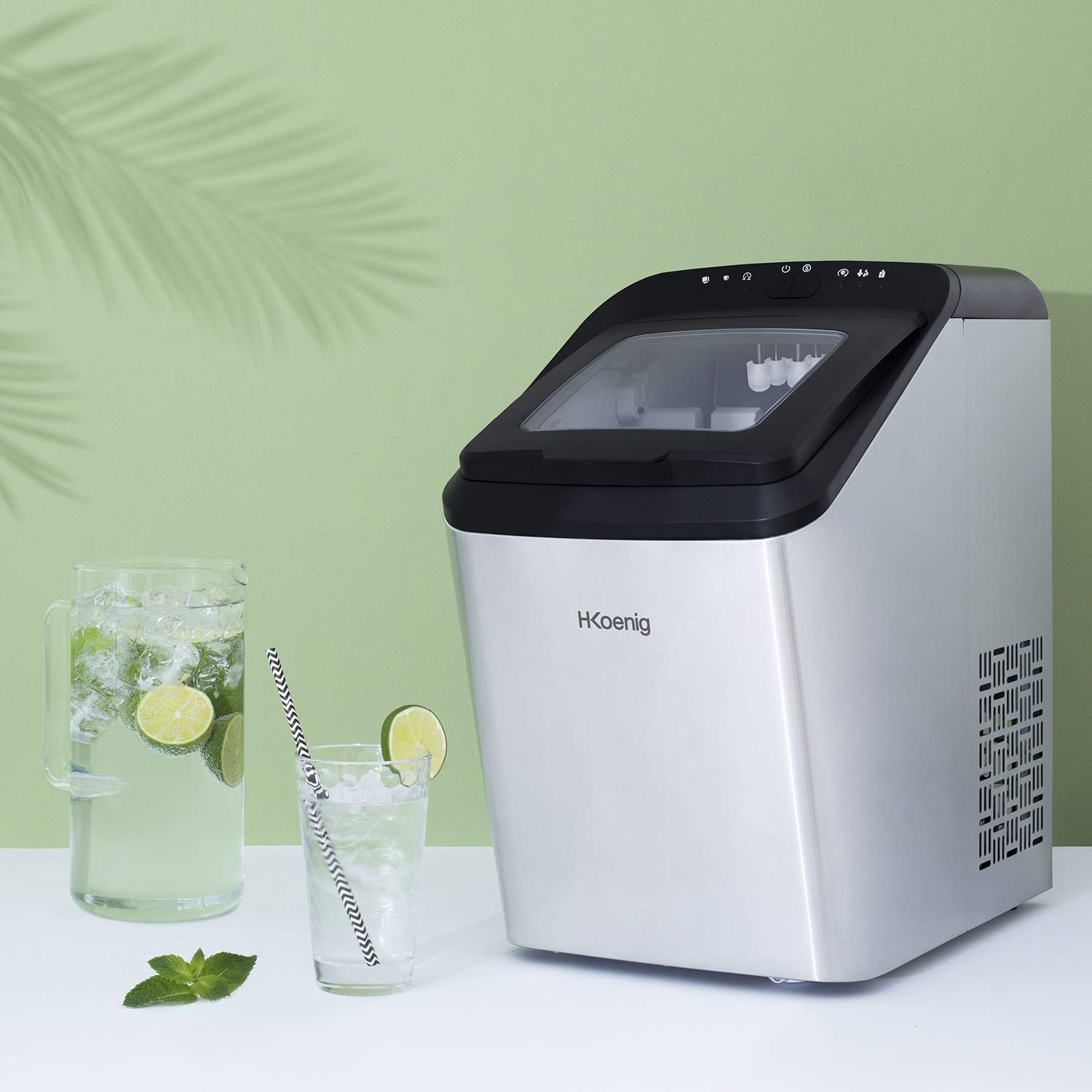 H.Koenig Macchina del ghiaccio KBP40, 15 kg di cubetti al giorno, 2 formati di cubetti di ghiaccio, automatico, compatto, collegabile al rubinetto, cubetti pronti in 6 minuti, serbatoio 2,8 L