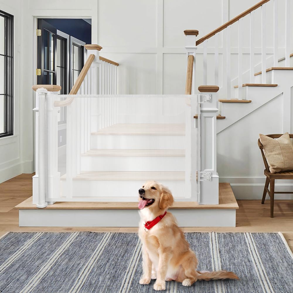Barrière d'escalier rétractable pour bébé et Animaux- Rétractable Barriere de Securite Chien 0-150 cm de Large Barrière de Sécurité, Barriere Escalier Enroulable-86 * 150 cm-Blanc