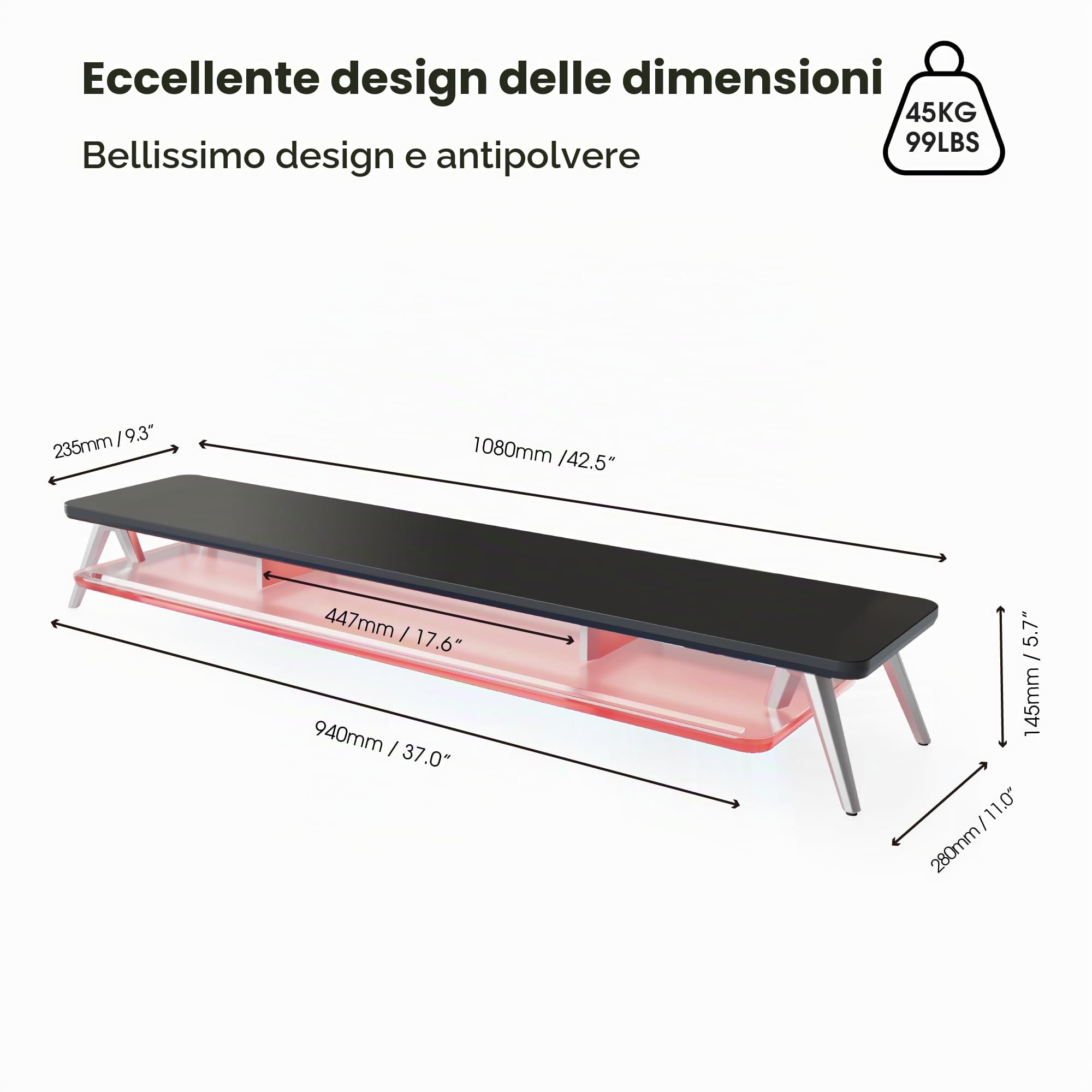 Fenge Supporto Monitor Scrivania, con Luci LED, Ripiano in Acrilico, 2 Livelli, Supporto per Telefono/Tablet/Penne, Carico 45KG (Nero)