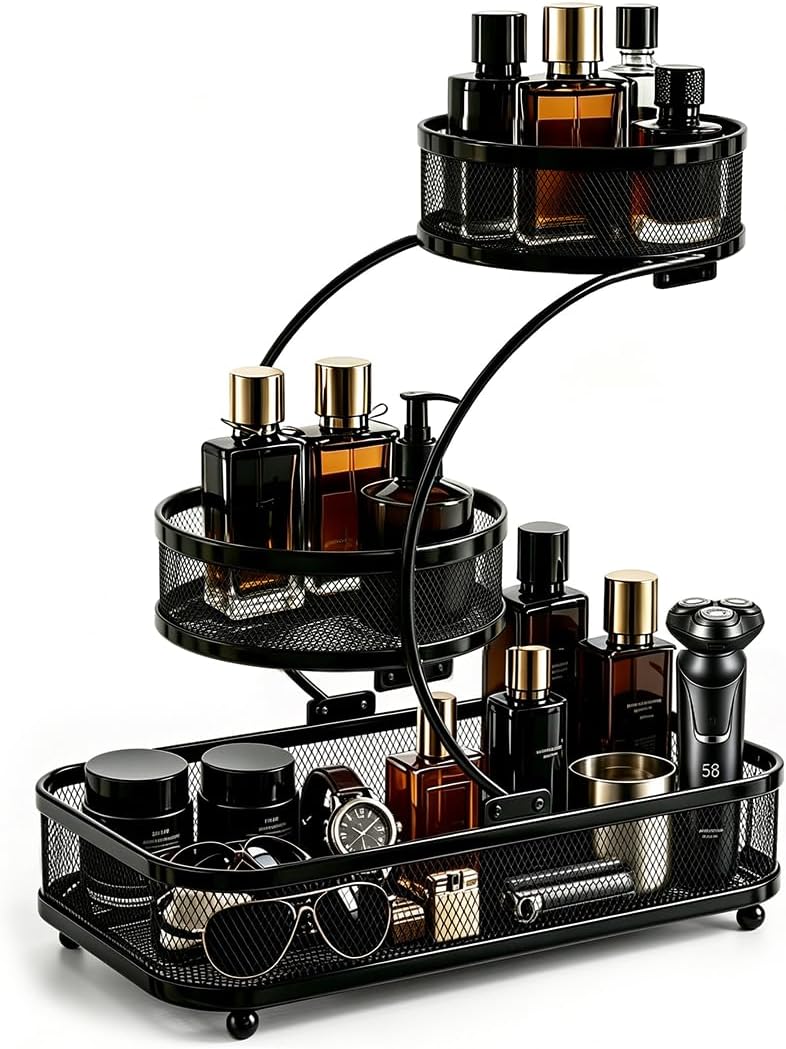 Cologne Organizer for Men- 3 Tier Bathroom Counter Organizer, Metal Cologne Stand, Mens Organizer for Bathroom & Bedroom, Room Decor, Anniversary Birthday Gifts for Men, Dad, Husband, Boyfriend