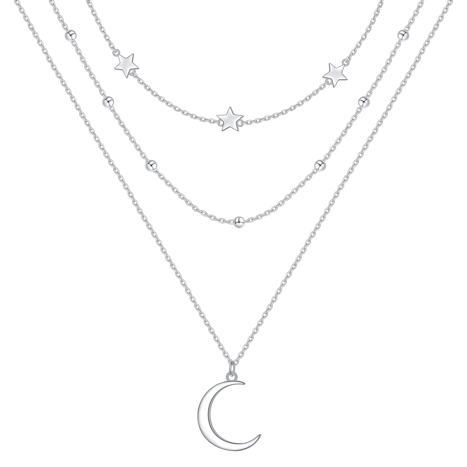 Collares de plata de ley 925 en capas, sol y luna, estrella, mal de ojo, círculo, barra, collar multicapa de triple cadena larga, colgante de clavícula en Y para mujer