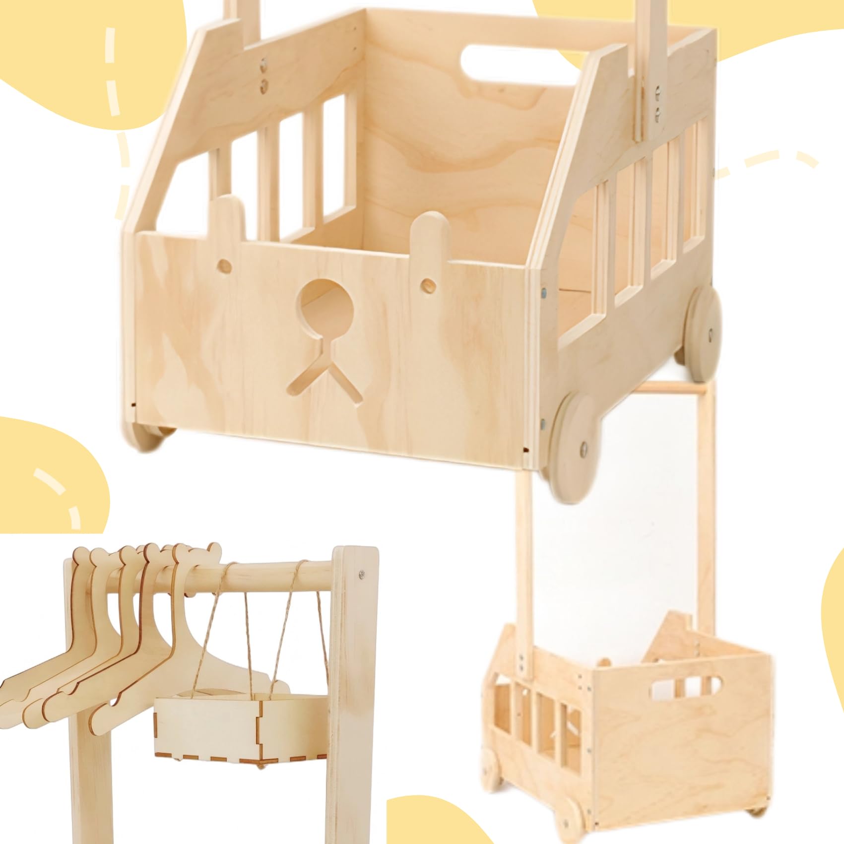Cesto Regalo Per Neonati In Legno – Con Maniglia E 8 Grucce – Per Baby Shower, Unisex - 2