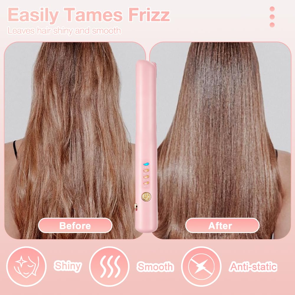 2 In 1 Mini Glätteisen Kabellos und Lockenstab, Hair Straightener, 4 Temperaturen, Wiederaufladbare Glätte, Mini Haarglätter für Langes, Kurze Haare, Glätten, Wellen, Locken Nach Innen (Rosa)