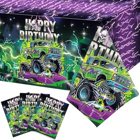WovWeave 3 Pcs Monster Party Tablecloth Happy Birthday Truck Table Cloth 54 x 108 Inch Plastic Disposable Truck Theme Tablecover for Boys Rectangle Round Desk Truck Theme Birthday Party Supplies Cover