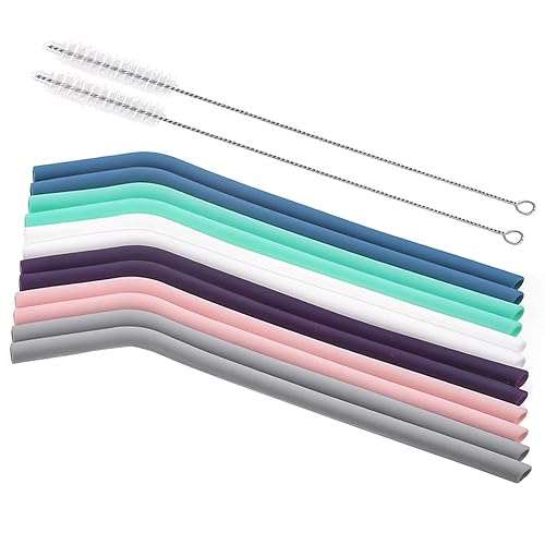 Senneny Set of 12 Silicone Drinking Straws for 30oz and 20oz - Reusable Silicone Straws BPA Free Extra Long with Cleaning Brushes- 12 Bent- 6mm diameter