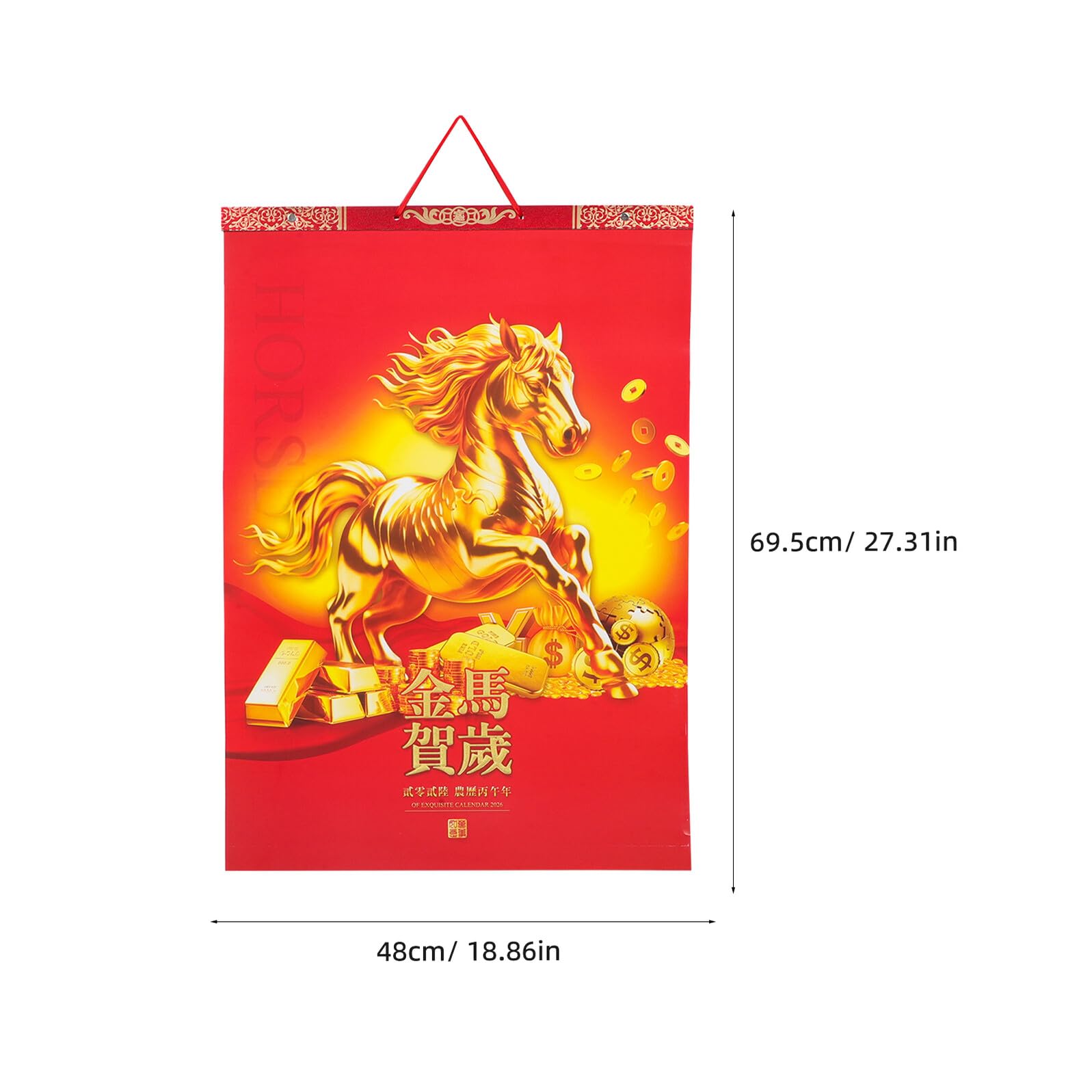 PLAFOPE Calendario de Pared 2026 del Año del Caballo Calendario Lunar Mensual con Fases Lunares Color Rojo Decoración Feng Shui para Oficina Hogar y Escuela
