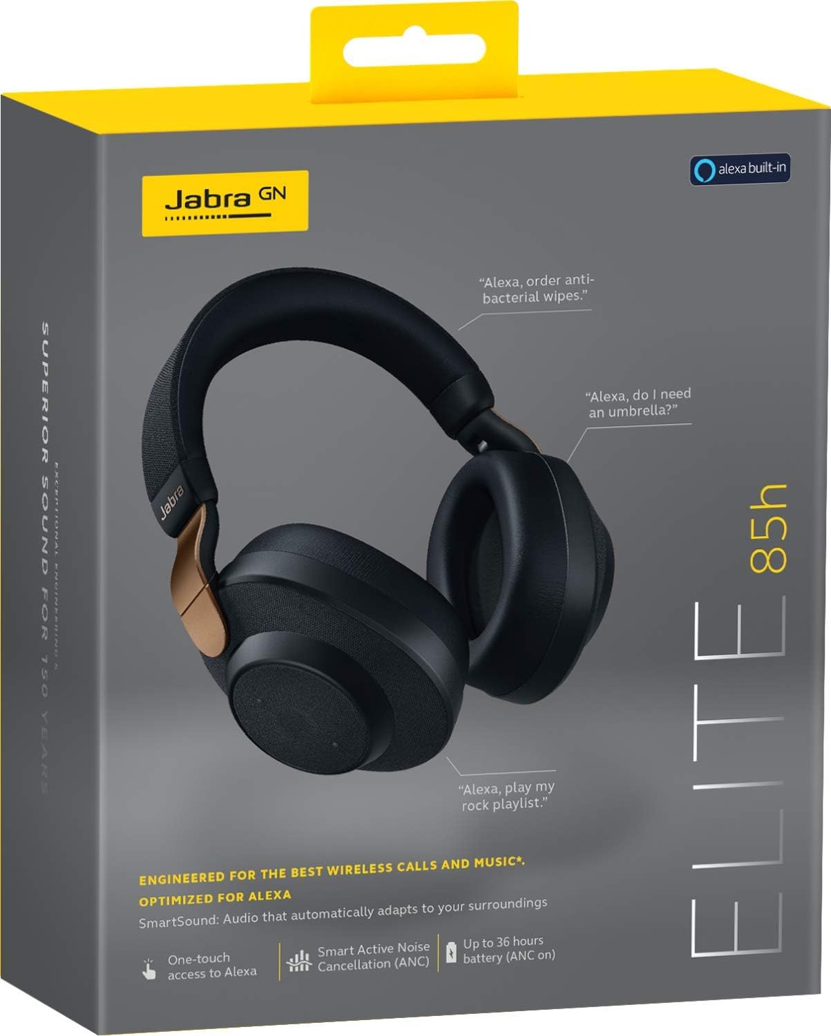 Jabra Elite 85h Over-Ear Headphones Amazon Edition – Active Noise Cancelling Wireless Earphones with Long Battery Life for Calls and Music – Copper Black