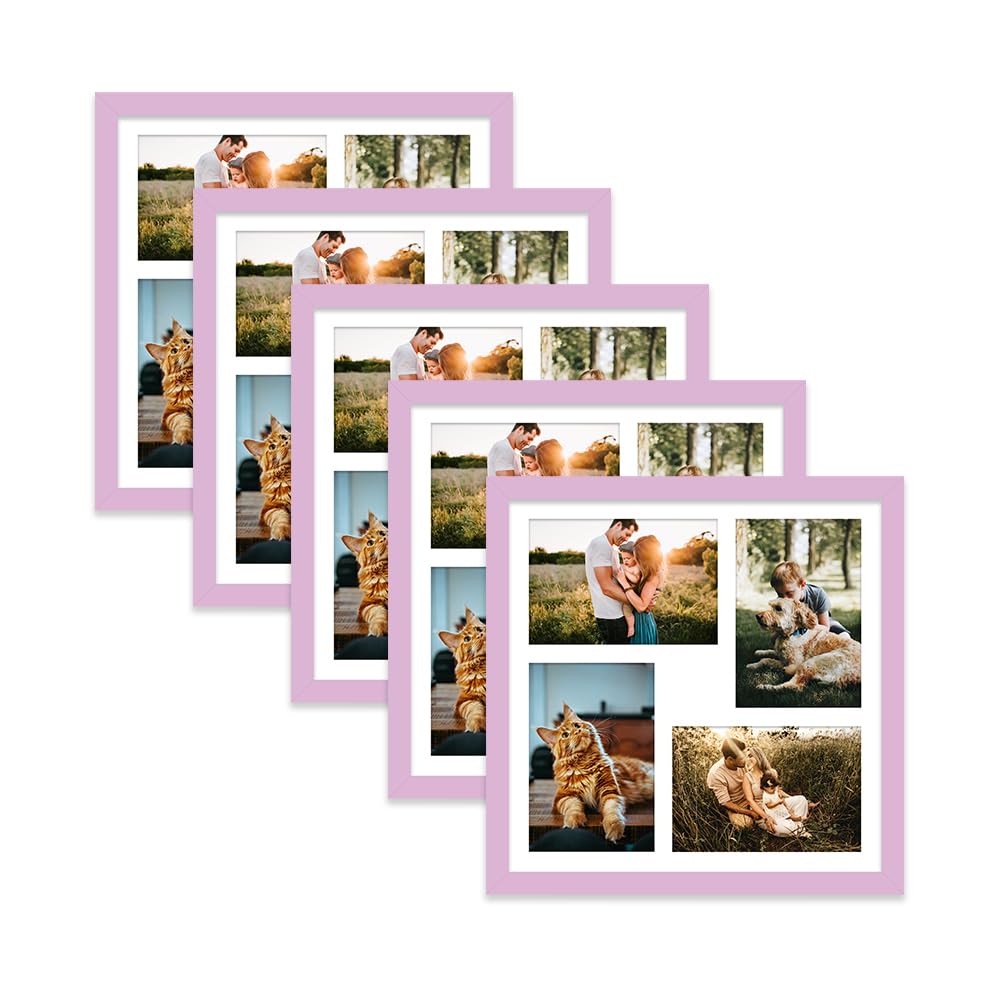 Lilac Multi Photo Frame - Holds 4 x 6x4 Pictures, Family Collage Picture Frame for Wall Display, 12x12 Frame size, Set of 5