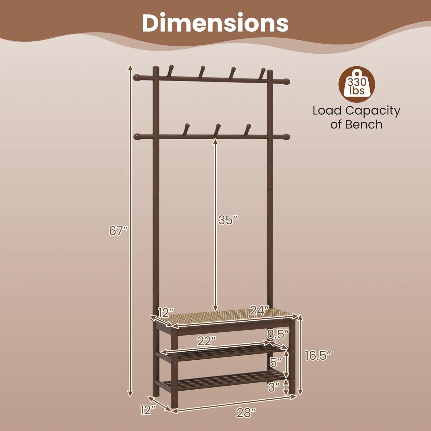 Diagram showing the dimensions of the hall tree
