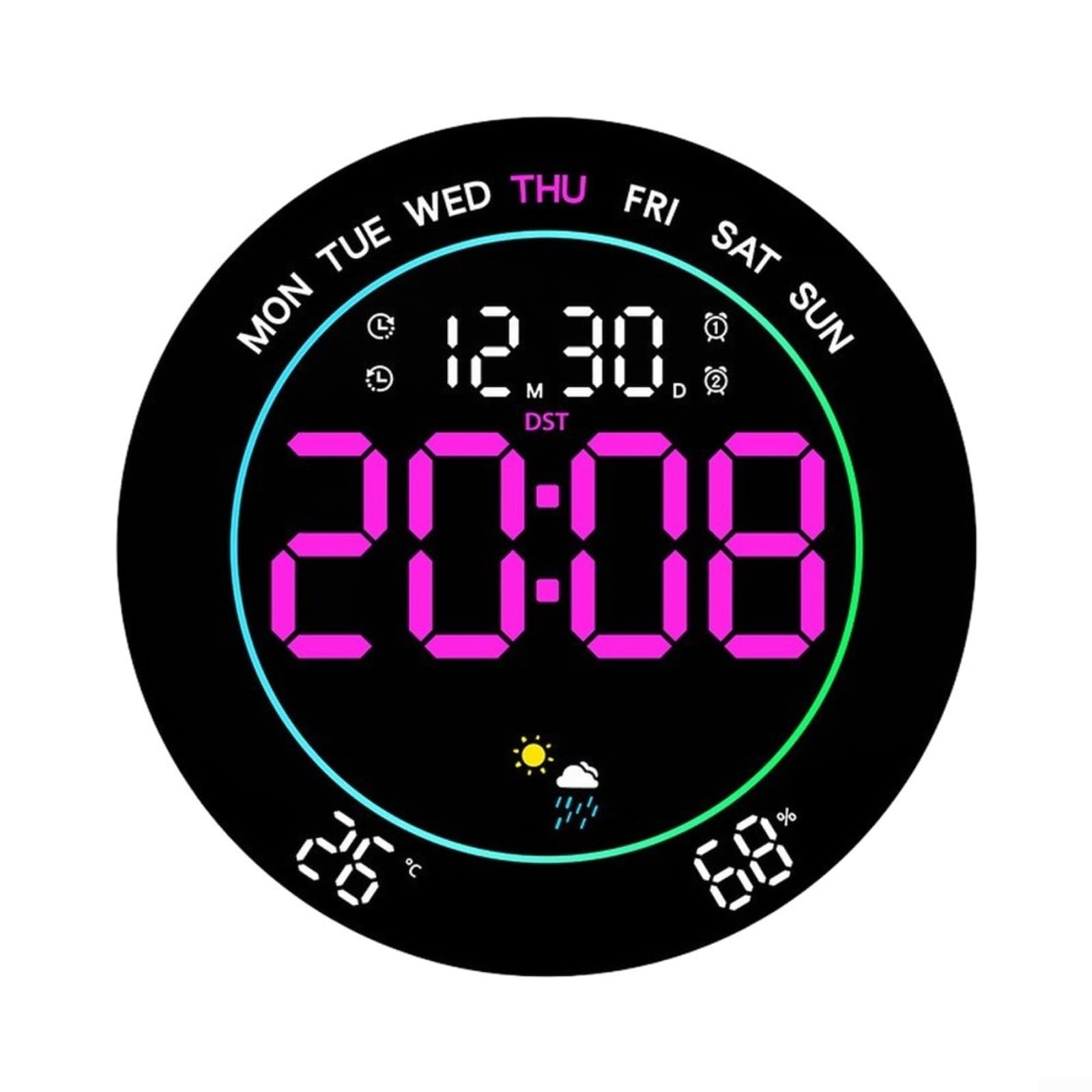 Horloge murale LED météo rose à grand écran et luminosité automatique