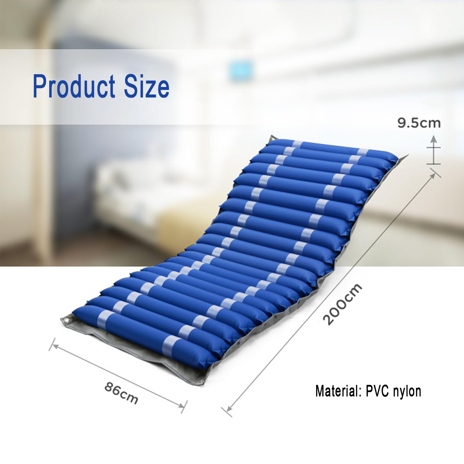 Materasso Antidecubito Singolo,Materasso antidecubito ad aria alternata Con compressore silenzioso,Nylon, 20 celle d'aria, Per piaghe di I, II, III, IV grado, Blu, 200x86x9.5 cm