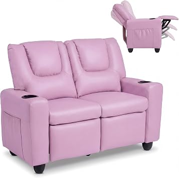 Olakids Kids Recliner, Double Toddler Lounge Chair with 105 to 150 Adjustable Backrest Cup Holder Footrest Side Pockets, PU Leather Children Couch Pink