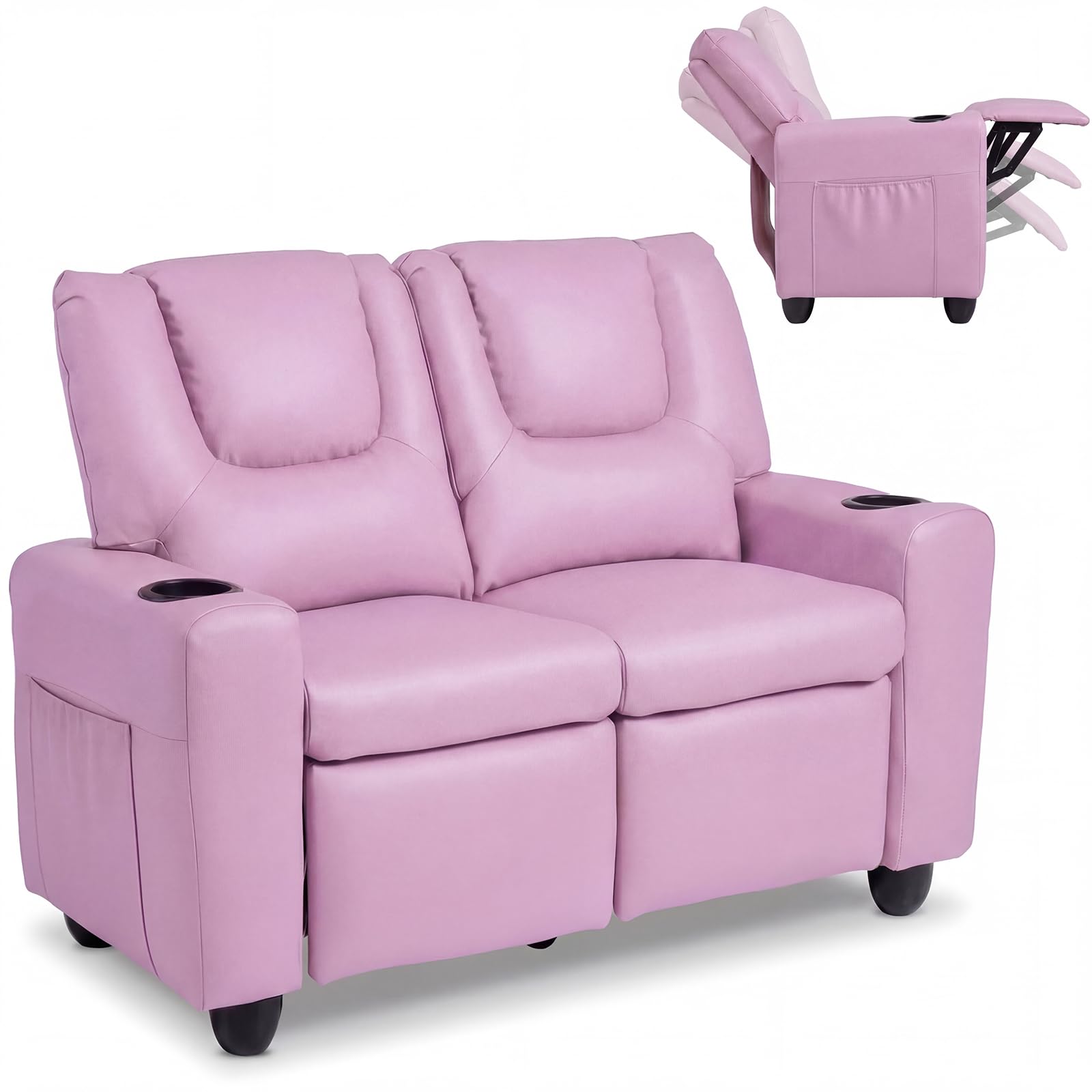 Olakids Kids Recliner, Double Toddler Lounge Chair with 105° to 150° Adjustable Backrest Cup Holder Footrest Side Pockets, PU Leather Children Couch (Pink)